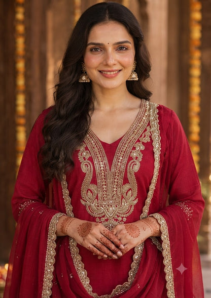 Red Crinkle Chinon 3-Piece Stylish Set with Zari Coding Work Kurta