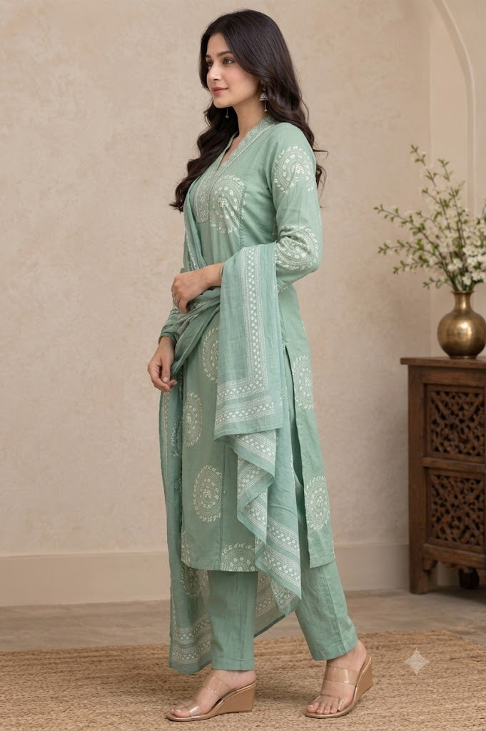 Sage Green Cotton Kurta Set with Embroidered Yoke & Border Print Dupatta
