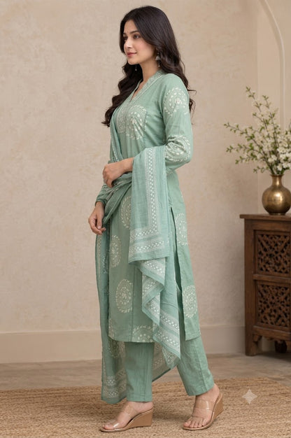 Sage Green Cotton Kurta Set with Embroidered Yoke & Border Print Dupatta