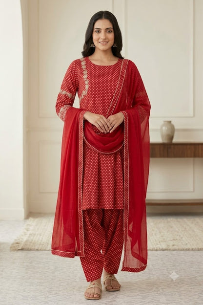 Women's Natural Crepe Dot Print Kurta Patiala Set with Embroidered Detail