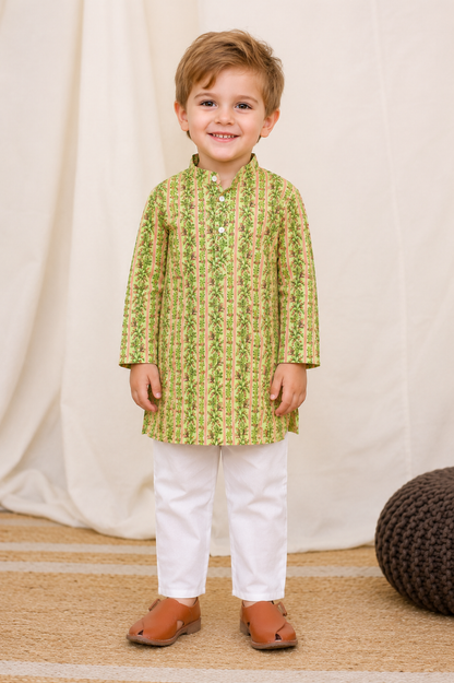 Boys Green Cotton Printed Kurta Pyjama Set - Nakh Clothing
