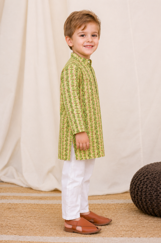 Boys Green Cotton Printed Kurta Pyjama Set