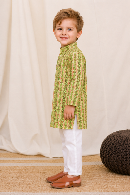 Boys Green Cotton Printed Kurta Pyjama Set - Nakh Clothing