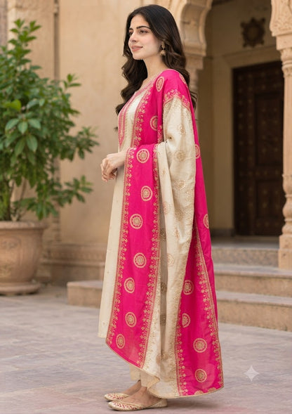Ivory Tissue Shimmer Partywear Kurta Set with Pants & Heavy Dupatta