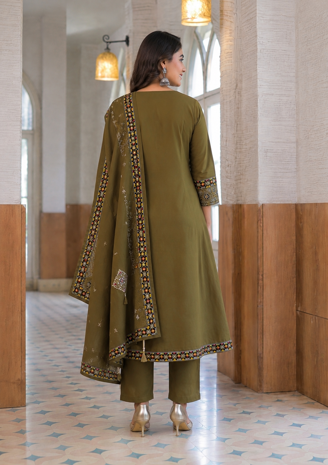 Mehndi Green A-Line Cotton Suit Set with Embroidery & Handwork - Nakh Clothing