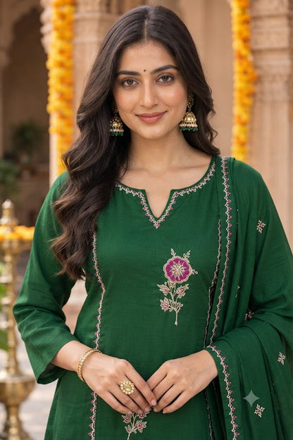 Green Mul Chanderi A-Line 3-Piece Set with Embroidery & Handwork Kurta