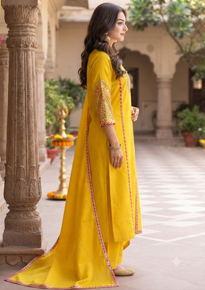 Yellow Mul Chanderi A-Line 3-Piece Set with Handwork Yoke & Gota Work