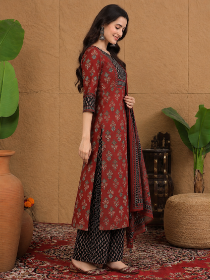 Maroon Cotton Ajrakh Print Kurta Set with Palazzo & Dupatta - Nakh Clothing