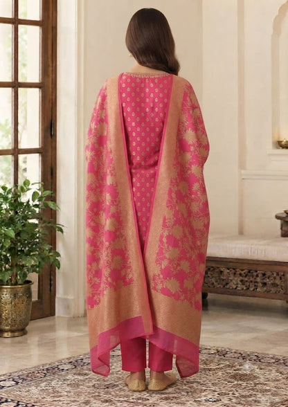 Pink Tissue Jacquard Partywear Kurta Set with Pants & Banarasi Dupatta