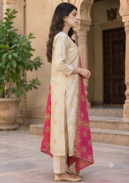 Ivory Tissue Shimmer Partywear Kurta Set with Pants & Heavy Dupatta