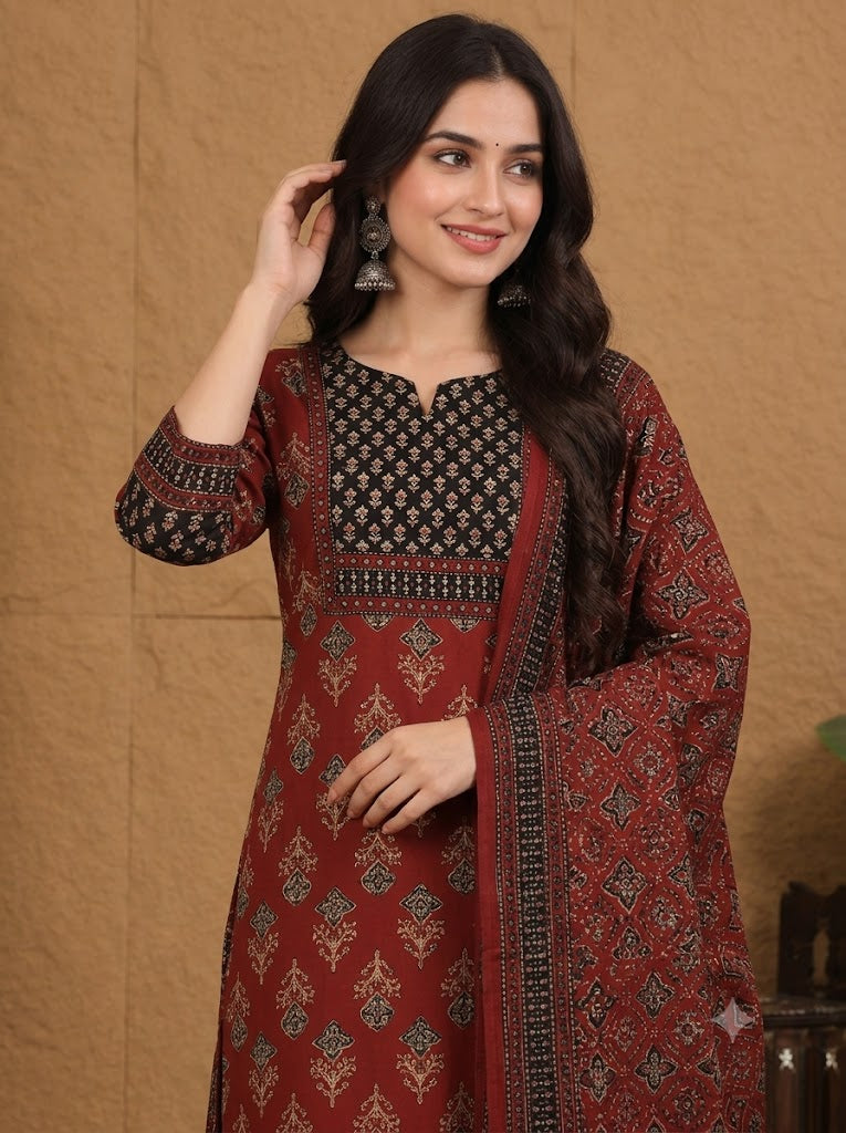 Maroon Cotton Ajrakh Print Kurta Set with Palazzo & Dupatta - Nakh Clothing