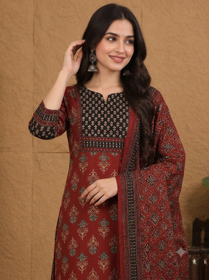 Maroon Cotton Ajrakh Print Kurta Set with Palazzo & Dupatta - Nakh Clothing