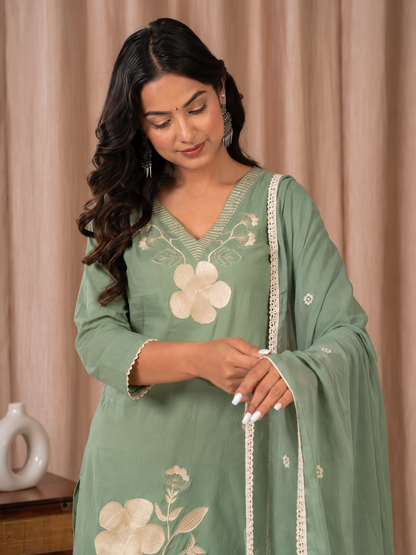Sage Green Floral Embroidered Cotton Suit Set - Nakh Clothing