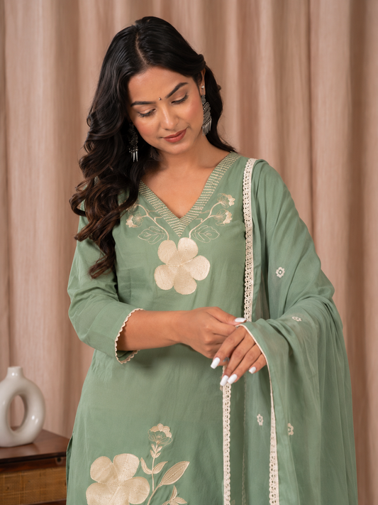 Sage Green Floral Embroidered Cotton Suit Set