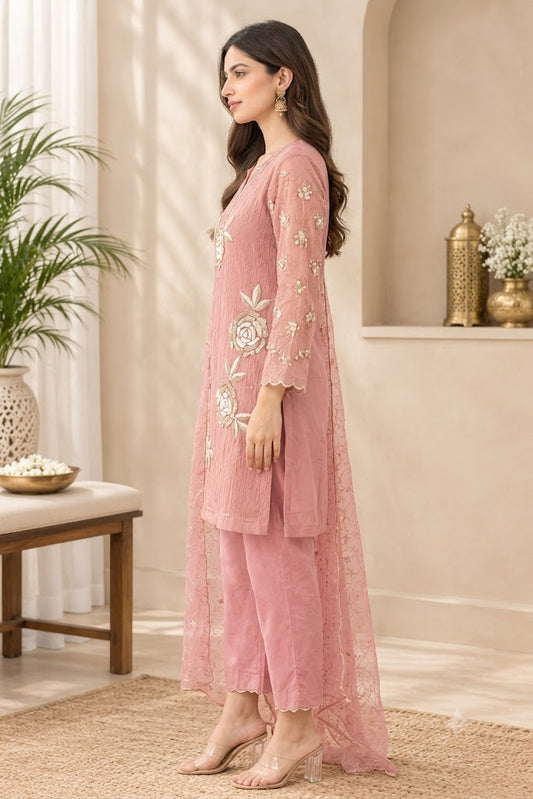 Pink Crush Tissue 3-Piece Suit with Floral Embroidery