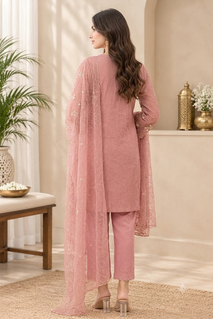 Pink Crush Tissue 3-Piece Suit with Floral Embroidery