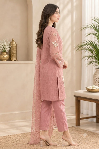 Pink Crush Tissue 3-Piece Suit with Floral Embroidery