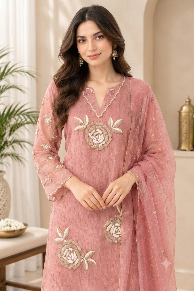 Pink Crush Tissue 3-Piece Suit with Floral Embroidery