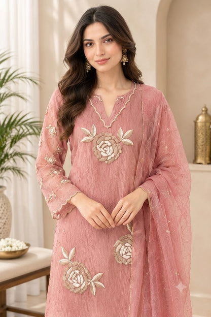 Pink Crush Tissue 3-Piece Suit with Floral Embroidery