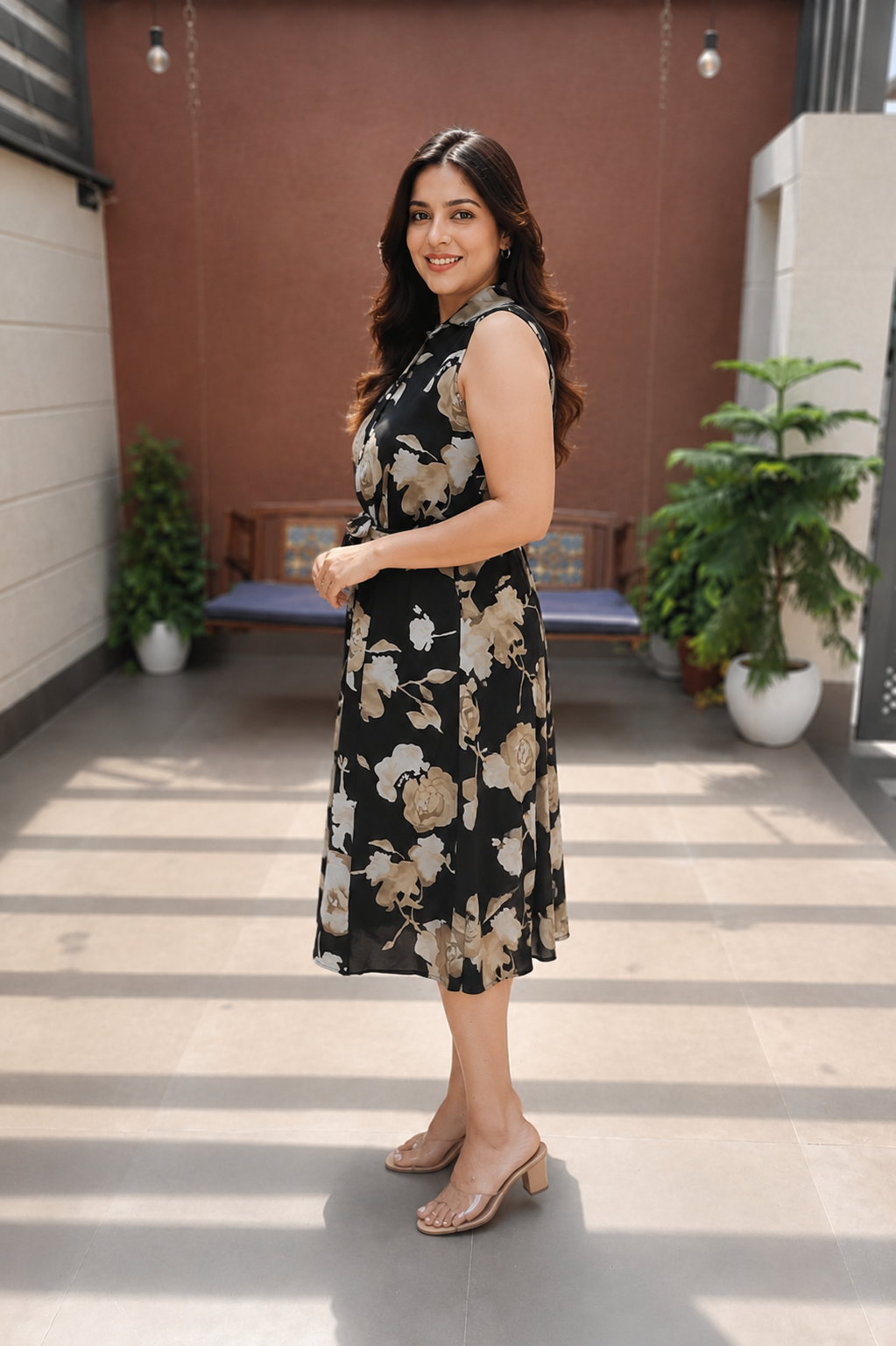 Women's Black & Brown Floral Print A-Line Midi Gown with Belt – Premium Rayon.