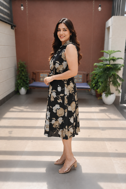 Women's Black & Brown Floral Print A-Line Midi Gown with Belt – Premium Rayon.