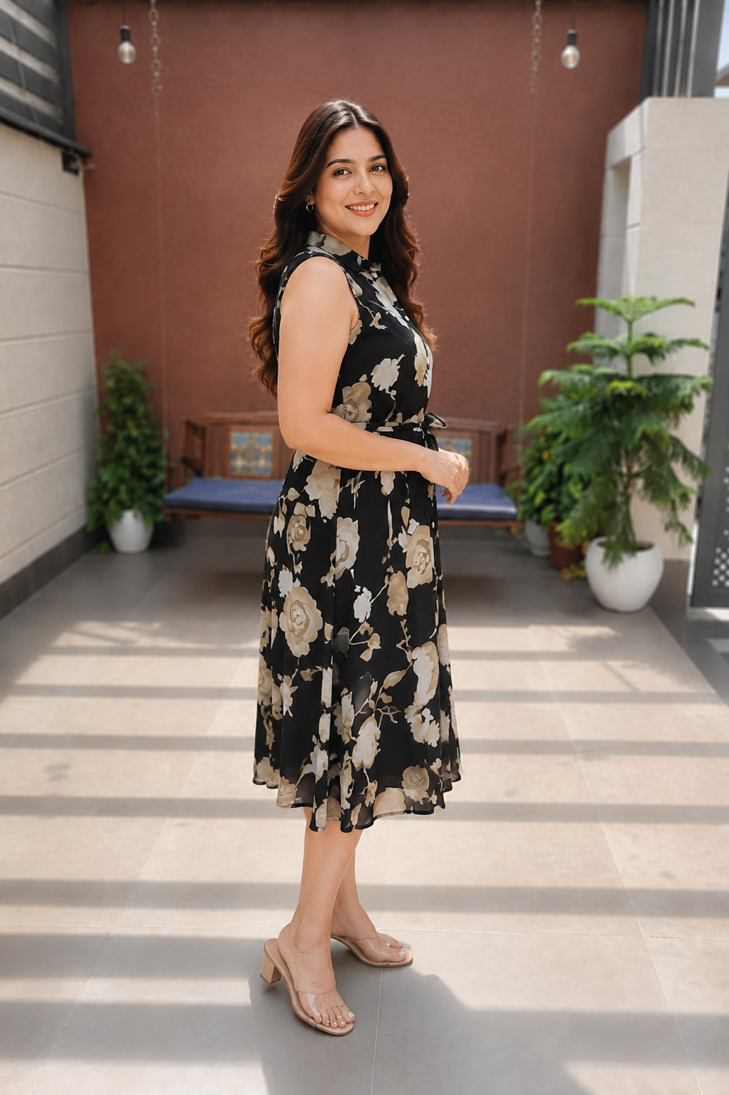 Women's Black & Brown Floral Print A-Line Midi Gown with Belt – Premium Rayon.