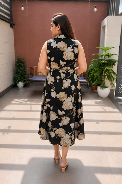 Women's Black & Brown Floral Print A-Line Midi Gown with Belt – Premium Rayon.