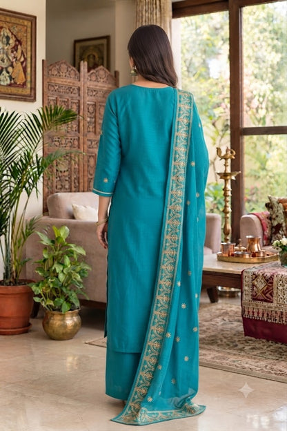 Zari Embroidered Kurta with Palazzo & Embroidered Dupatta in Firozi