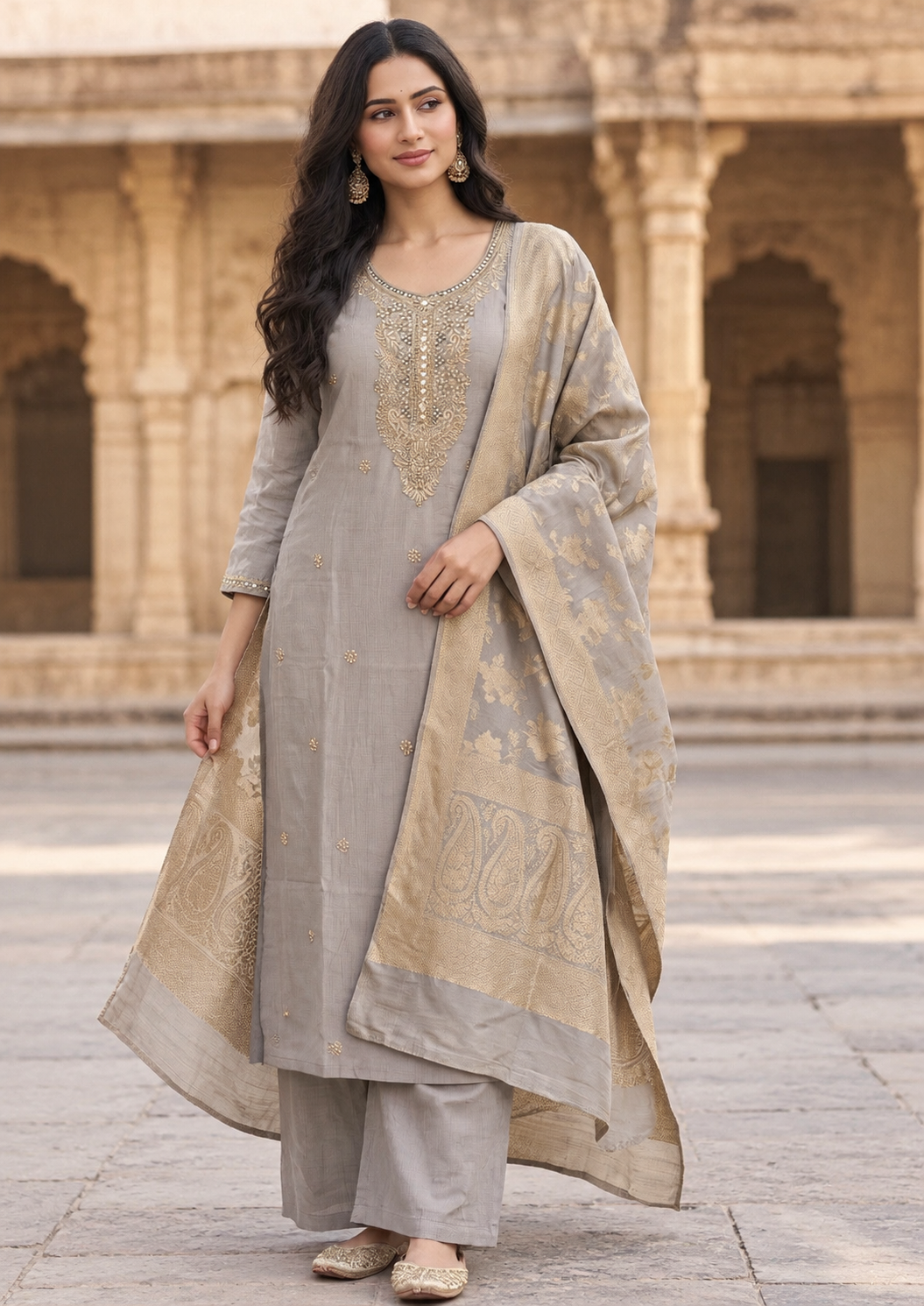 Grey Mul Chanderi Kurta Set with Zari Yoke & Banarasi Dupatta