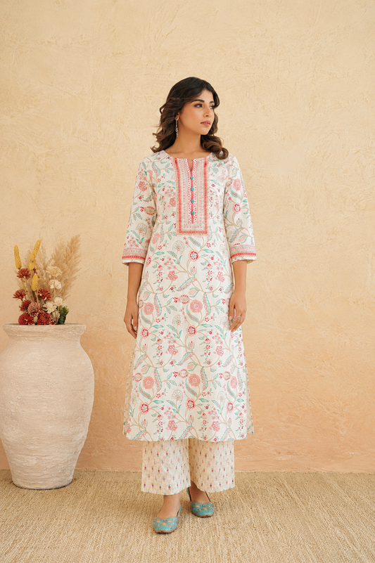 Rama Floral Cotton Suit Set with Dupatta for Women.