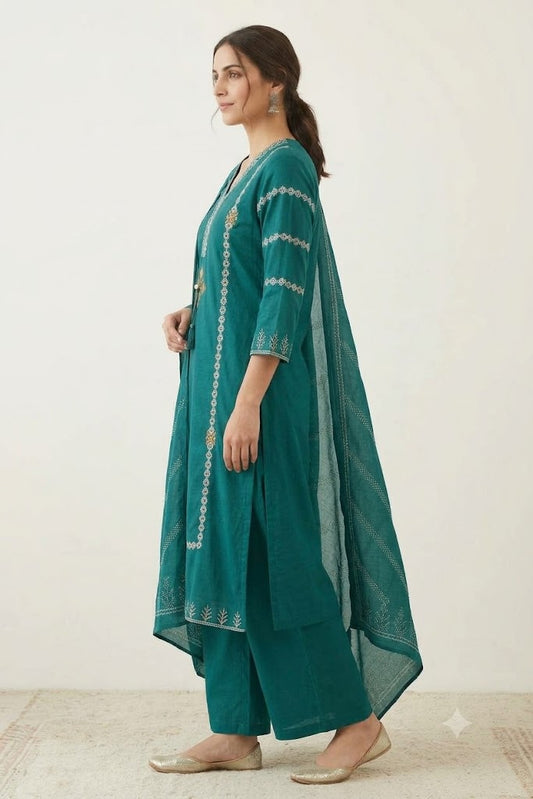 Women's Green Cotton Kurta Palazzo Set with Embroidery & Dupatta | Festive & Everyday Wear for Women