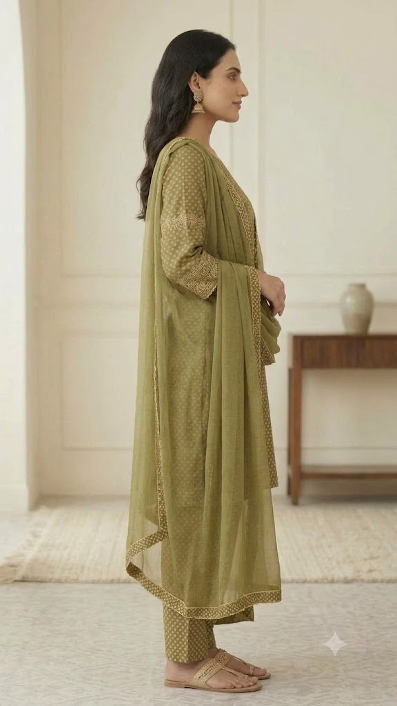 Women's Natural Crepe Dot Print Kurta Patiala Set with Embroidered Detail