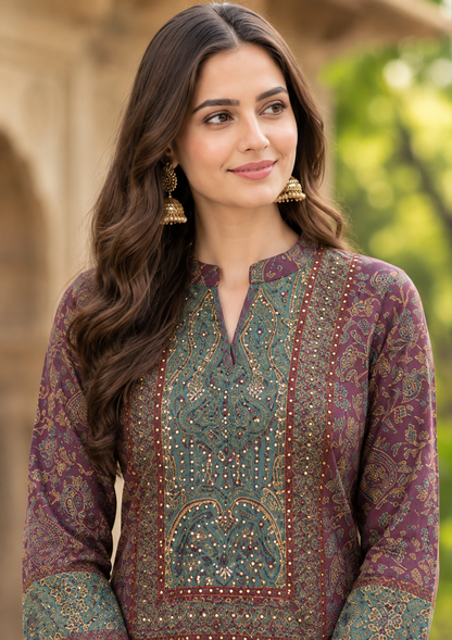 Wine Natural Crepe Co-ord Set with Handwork Yoke Kurta & Printed Palazzo
