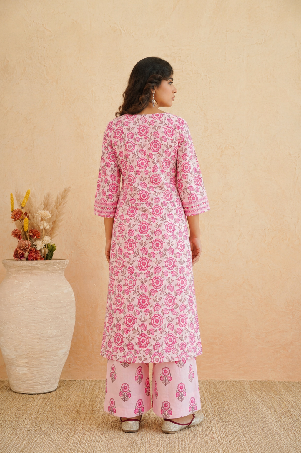 Pink Floral Cotton Suit Set with Dupatta for Women. - Nakh Clothing