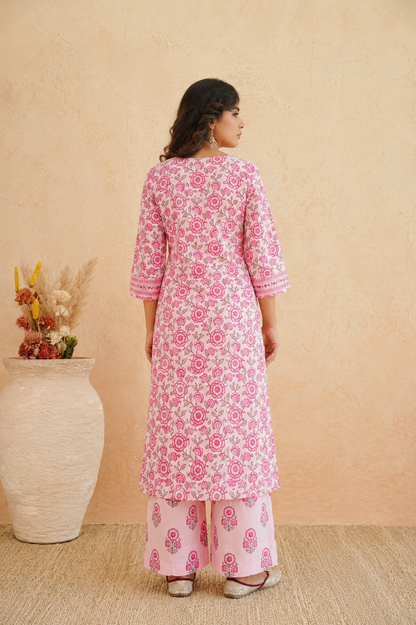 Pink Floral Cotton Suit Set with Dupatta for Women. - Nakh Clothing