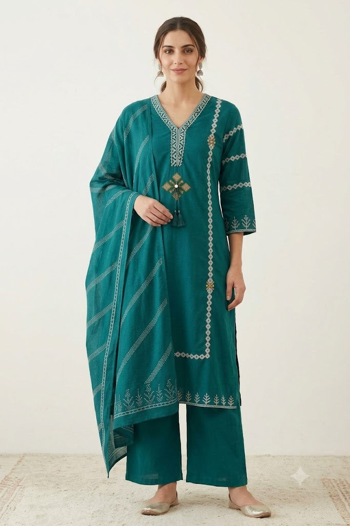 Women's Green Cotton Kurta Palazzo Set with Embroidery & Dupatta | Festive & Everyday Wear for Women