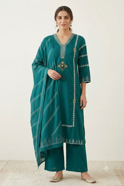 Women's Green Cotton Kurta Palazzo Set with Embroidery & Dupatta | Festive & Everyday Wear for Women