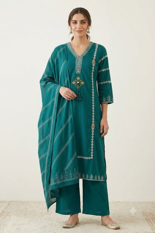 Women's Green Cotton Kurta Palazzo Set with Embroidery & Dupatta | Festive & Everyday Wear for Women