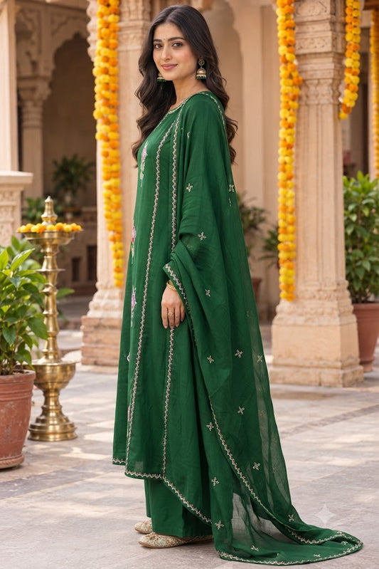 Green Mul Chanderi A-Line 3-Piece Set with Embroidery & Handwork Kurta