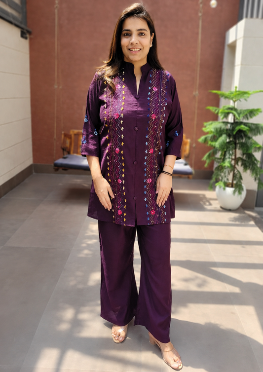 Wine Embroidered Handwork Co-Ord Set for Women