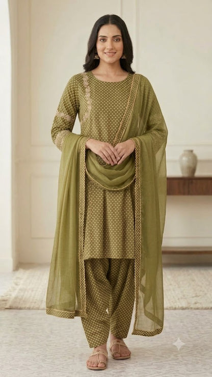 Women's Natural Crepe Dot Print Kurta Patiala Set with Embroidered Detail