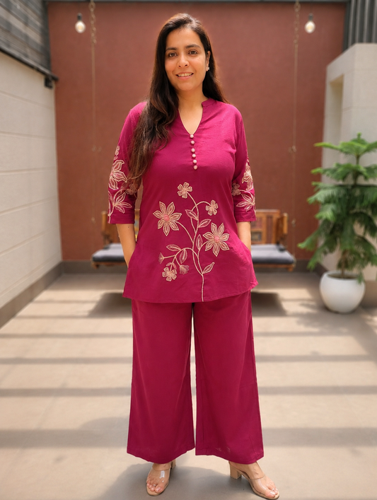 Elegant Embroidered Co-Ord Set in Fuchsia Cotton Flex