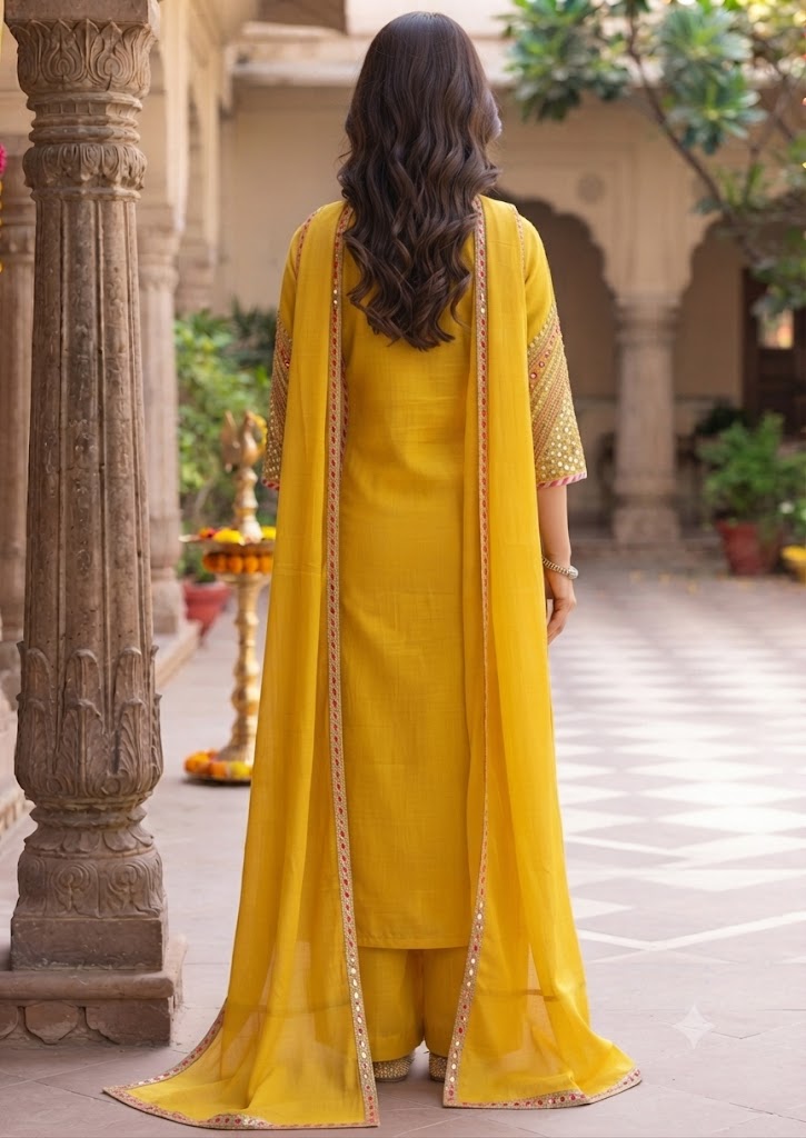 Yellow Mul Chanderi A-Line 3-Piece Set with Handwork Yoke & Gota Work