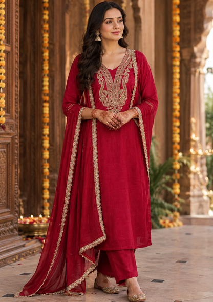 Red Crinkle Chinon 3-Piece Stylish Set with Zari Coding Work Kurta
