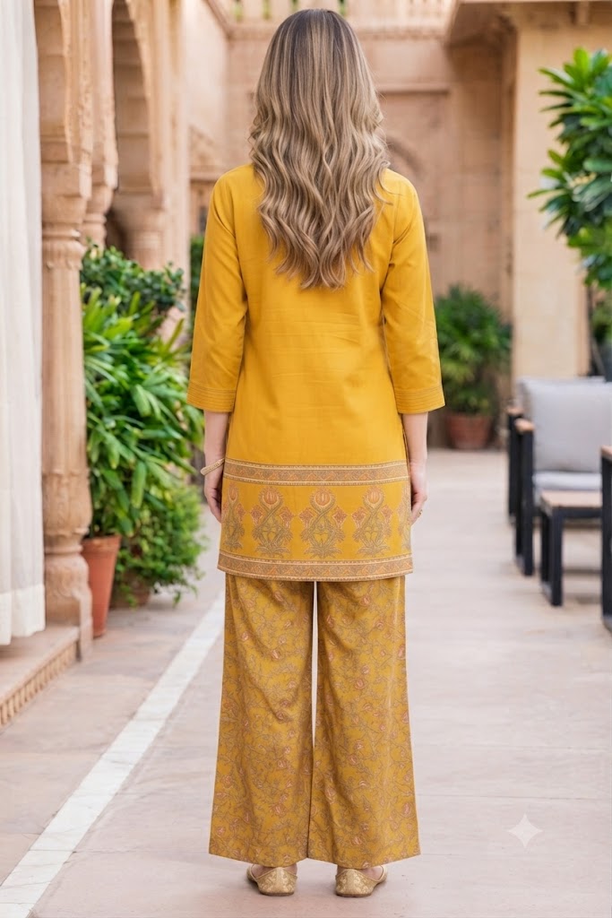 Mustard Cotton Stylish Co-ord Set with Sequins Work Kurta & Printed Palazzo - Nakh Clothing