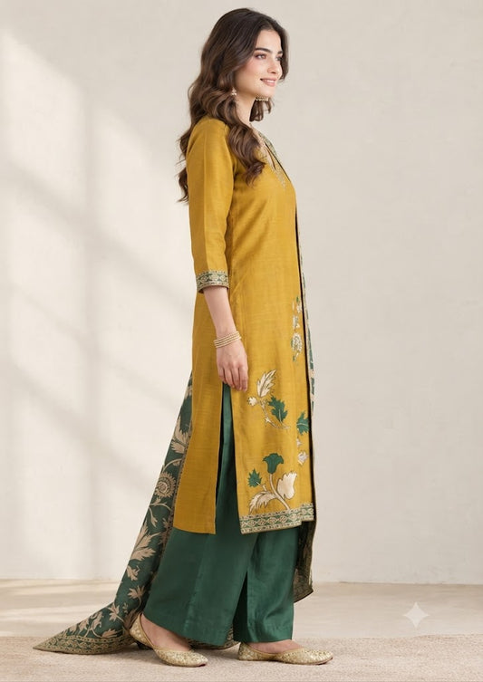 Mustard Pure Muslin 3-Piece Kurta Set with Handwork Yoke & Printed Dupatta