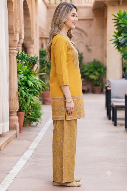 Mustard Cotton Stylish Co-ord Set with Sequins Work Kurta & Printed Palazzo - Nakh Clothing