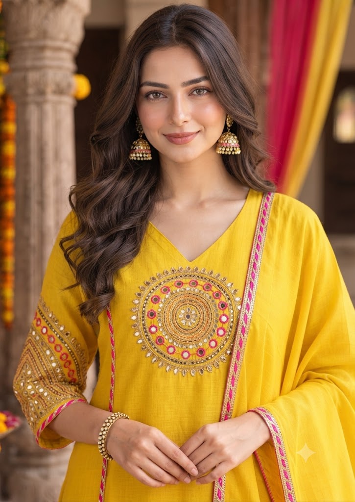 Yellow Mul Chanderi A-Line 3-Piece Set with Handwork Yoke & Gota Work