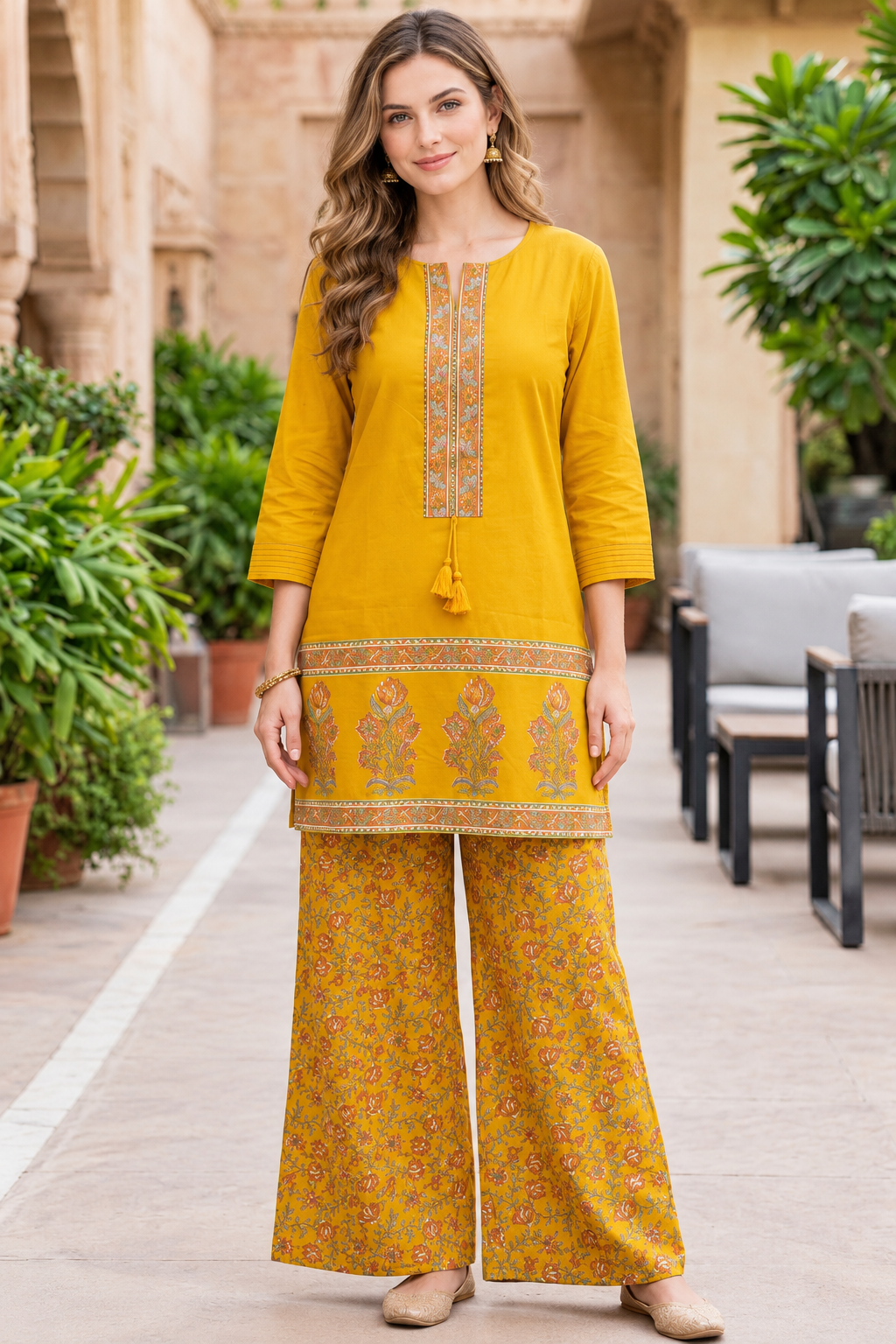 Mustard Cotton Stylish Co-ord Set with Sequins Work Kurta & Printed Palazzo - Nakh Clothing