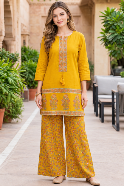 Mustard Cotton Stylish Co-ord Set with Sequins Work Kurta & Printed Palazzo - Nakh Clothing
